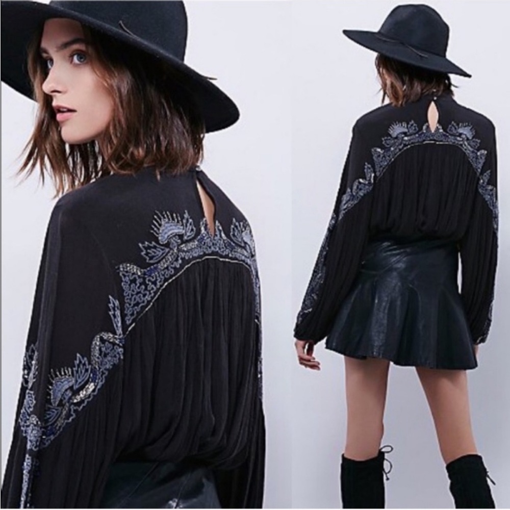 Free People Sweet Fantasy Embellished Beaded Flowy Boho Black Blouse Size Large